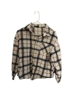 SHEIN Cream Plaid Button-Up Shirt with Black and Brown Lines